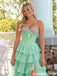 Mint Green Beaded Bust Tiered Ruffle High Slit Corset Prom Dress PD26010