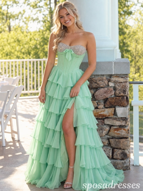 Mint Green Beaded Bust Tiered Ruffle High Slit Corset Prom Dress PD26010
