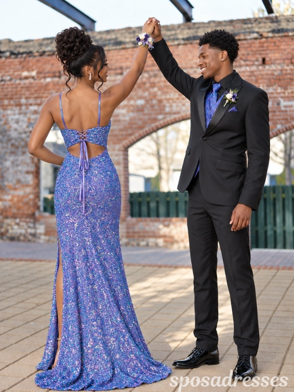 Iridescent Blue Sequin V Neck Lace Up Cutout High Slit Mermaid Prom Dress PD26011