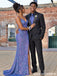 Iridescent Blue Sequin V Neck Lace Up Cutout High Slit Mermaid Prom Dress PD26011
