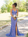 Iridescent Blue Sequin V Neck Lace Up Cutout High Slit Mermaid Prom Dress PD26011