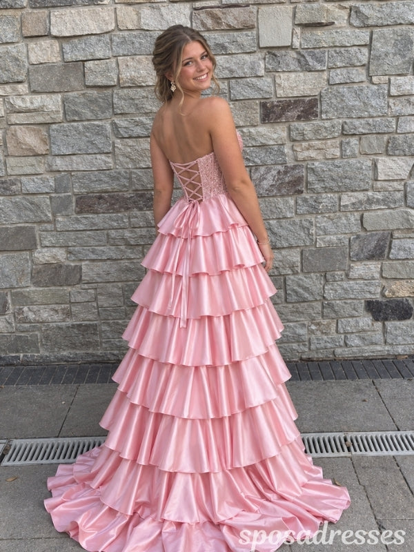 Pink Beaded Lace Corset Tiered Ruffle High Slit Prom Dress PD26012