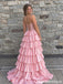 Pink Beaded Lace Corset Tiered Ruffle High Slit Prom Dress PD26012