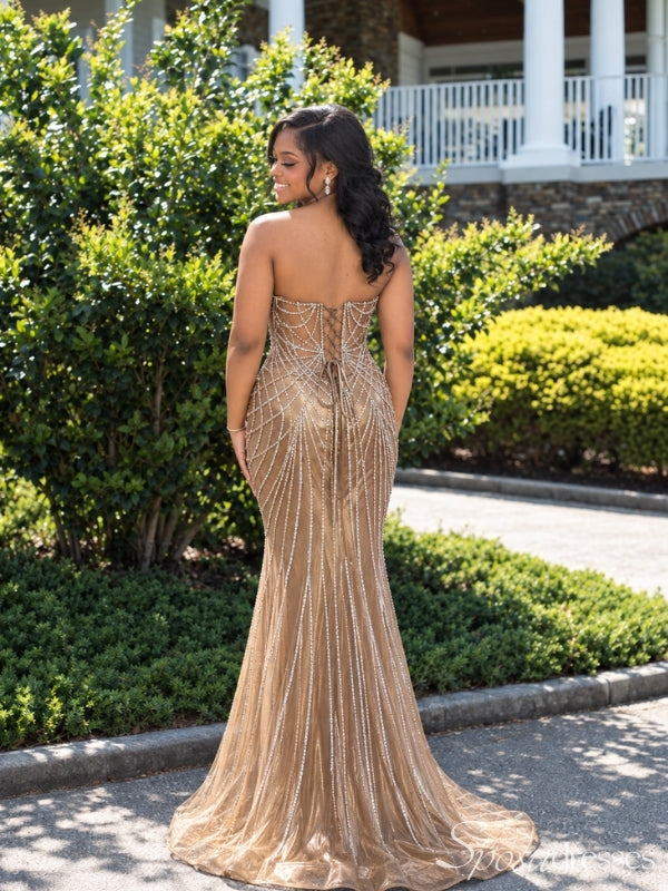 Beaded Sheer Corset Strapless Mermaid Prom Evening Dress PD26013