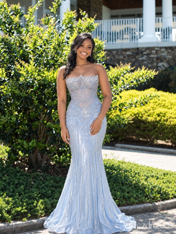 Beaded Sheer Corset Strapless Mermaid Prom Evening Dress PD26013