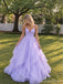Lilac Lavender Glitter Tulle V Neck Tiered Ruffle Ball Gown Prom Dress PD26015