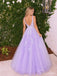Lilac Floral Lace Glitter Tulle V Neck A Line Prom Dress PD26020