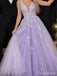 Lilac Floral Lace Glitter Tulle V Neck A Line Prom Dress PD26020