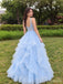 Light Blue Tiered Ruffle Lace Applique V Neck Ball Gown Prom Dress PD26021