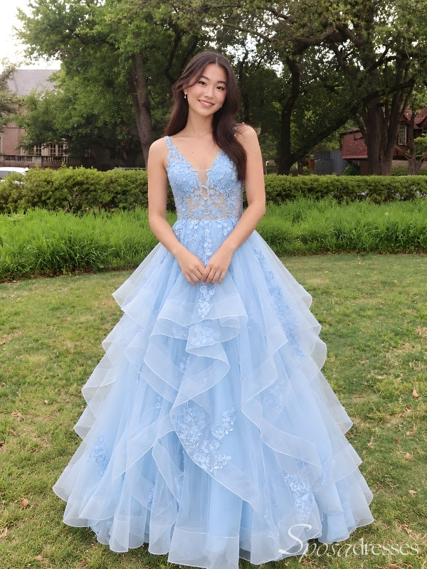 Light Blue Tiered Ruffle Lace Applique V Neck Ball Gown Prom Dress PD26021