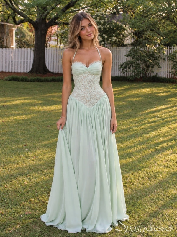Sage Green Lace Corset Halter Neck Chiffon A Line Prom Dress PD26022