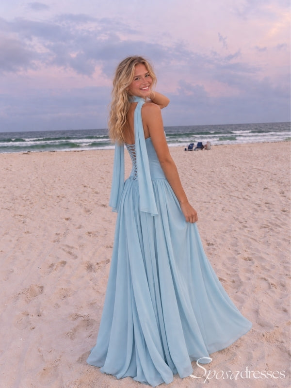 Light Blue Corset Drop Waist Chiffon A Line Prom Dress PD26023