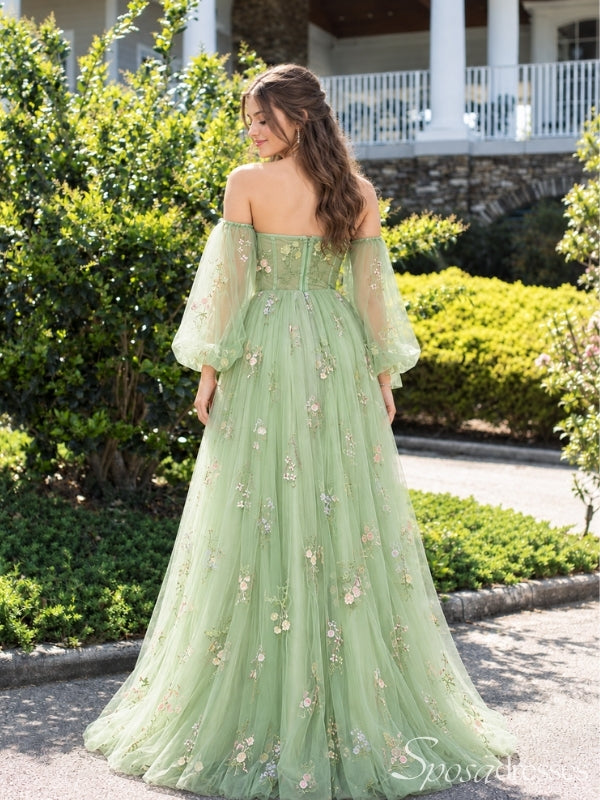 Sage Green Floral Embroidered Tulle Off the Shoulder Corset Prom Dress PD26024
