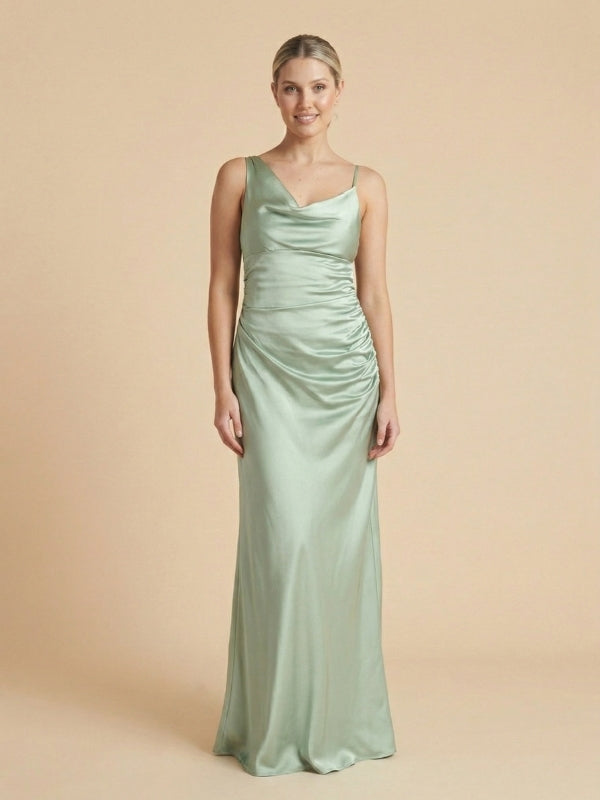 Sage Green Asymmetrical Satin Bridesmaid Dress | SposaDresses