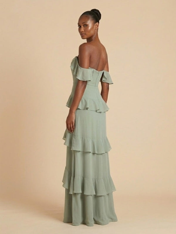 Sage Green Chiffon Off The Shoulder Tiered Ruffle Bridesmaid Dress 260 SposaDresses Sage Green Chiffon Off The Shoulder Tiered Ruffle Bridesmaid Dress 260 SposaDresses