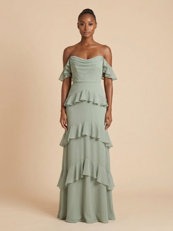 Sage Green Chiffon Off The Shoulder Tiered Ruffle Bridesmaid Dress 260 SposaDresses Sage Green Chiffon Off The Shoulder Tiered Ruffle Bridesmaid Dress 260 SposaDresses