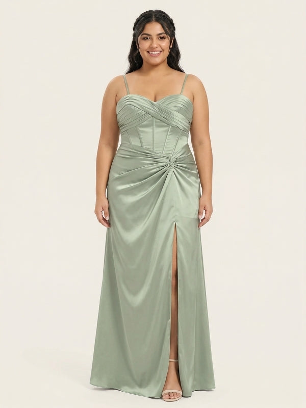 green party dresses for women Sage Green Satin Spaghetti Strap Corset Twist High Slit Bridesmaid Dre –  SposaDresses