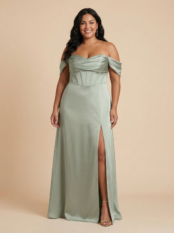 Sage Green Satin Off The Shoulder Corset High Slit Bridesmaid Dress 26 SposaDresses Sage Green Satin Off The Shoulder Corset High Slit Bridesmaid Dress 26 SposaDresses