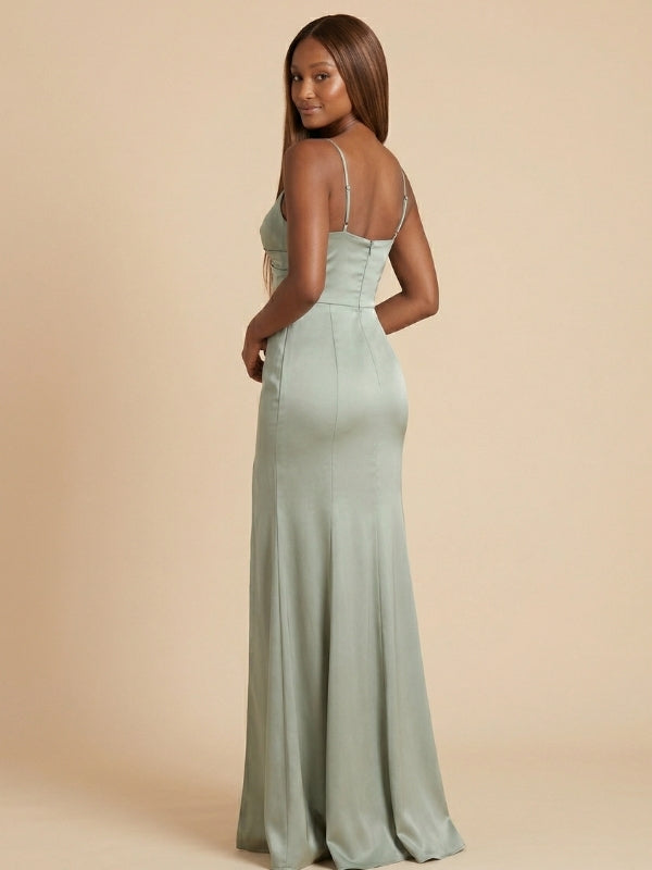 Sage Green Bridesmaid Dress Satin Spaghetti Strap Twist Front High Sli – SposaDresses