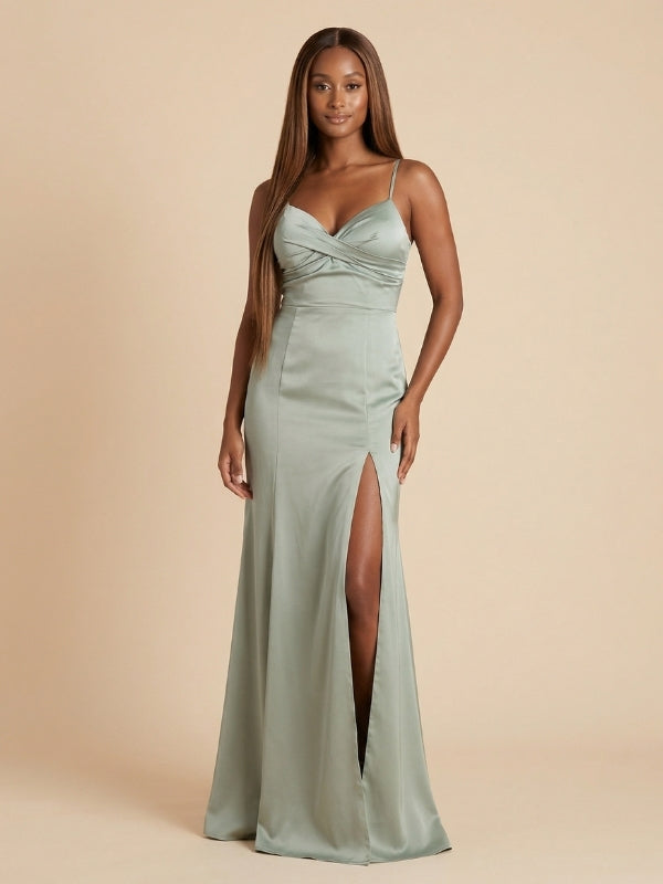 Sage Green Bridesmaid Dress Satin Spaghetti Strap Twist Front High Sli SposaDresses Sage Green Bridesmaid Dress Satin Spaghetti Strap Twist Front High Sli SposaDresses