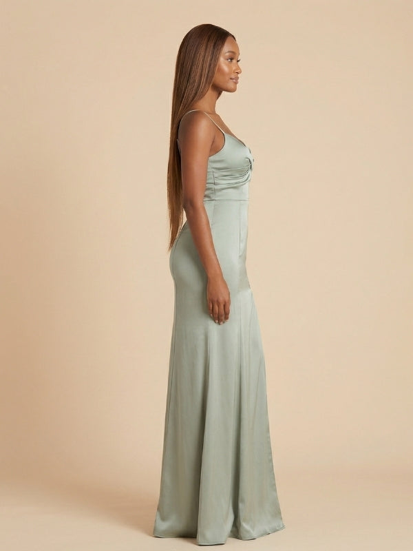 Sage Green Bridesmaid Dress Satin Spaghetti Strap Twist Front High Sli – SposaDresses