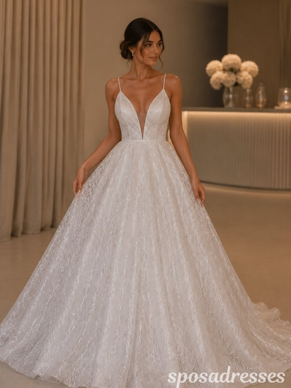 Glitter Lace A-Line Wedding Dress with Spaghetti Straps WD26002