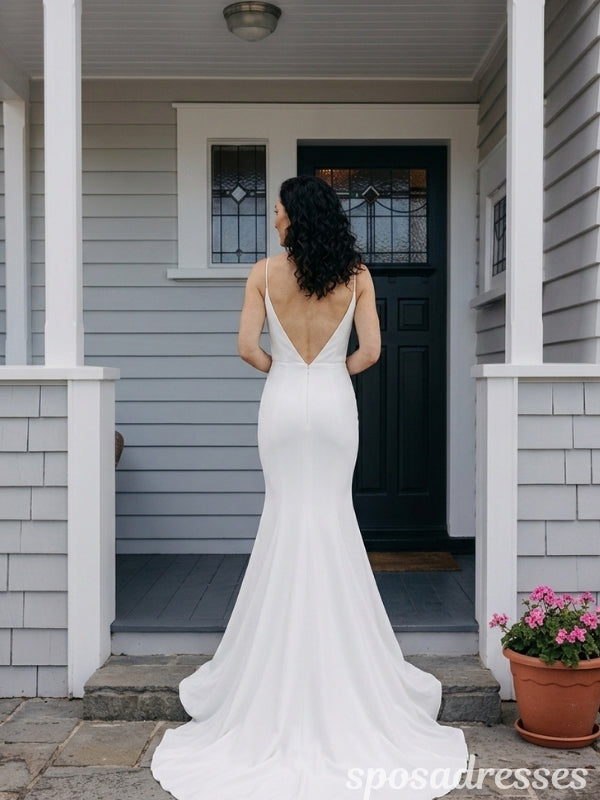 White Crepe Deep V Neck Spaghetti Straps Low V Back Mermaid Wedding Dress WD26004