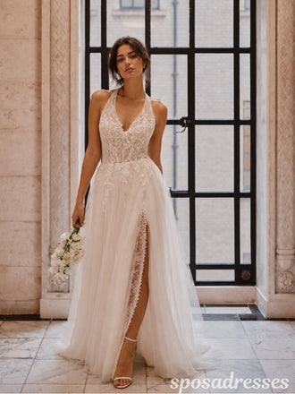 Ivory Lace Tulle Halter Deep V Neck High Slit A Line Wedding Dress WD26005
