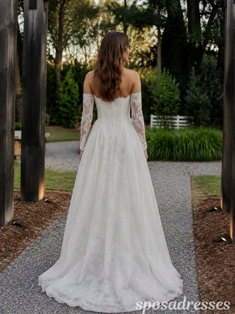 Ivory Lace Strapless Long Sleeves Basque Waist A Line Wedding Dress WD26008
