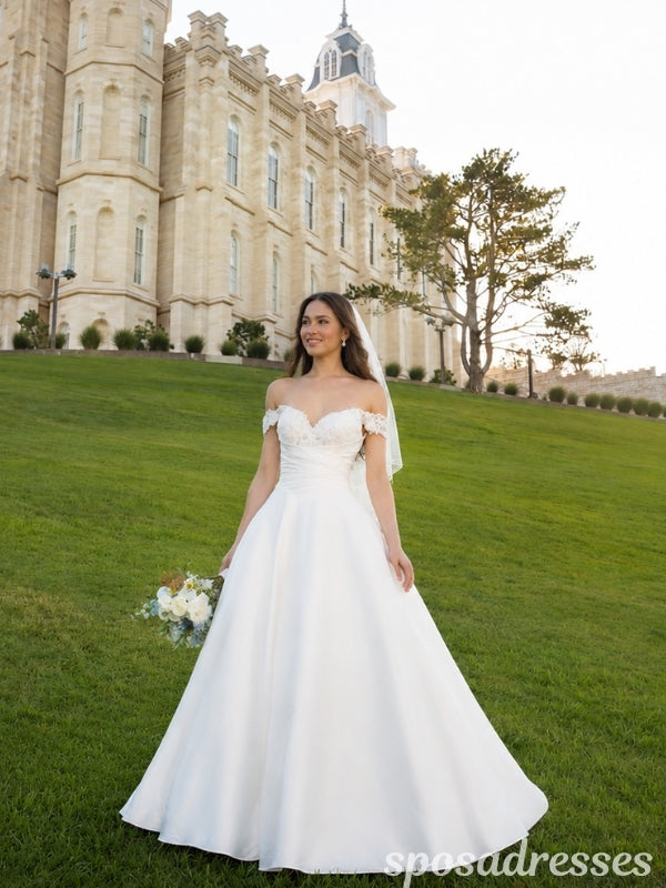 Ivory Satin Off the Shoulder Lace Sweetheart A Line Wedding Dress WD26013