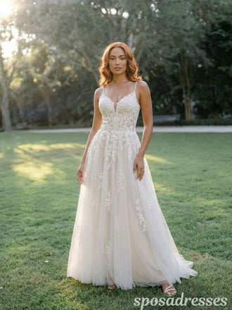 Champagne Lace Applique V Neck Spaghetti Straps A Line Wedding Dress WD26015