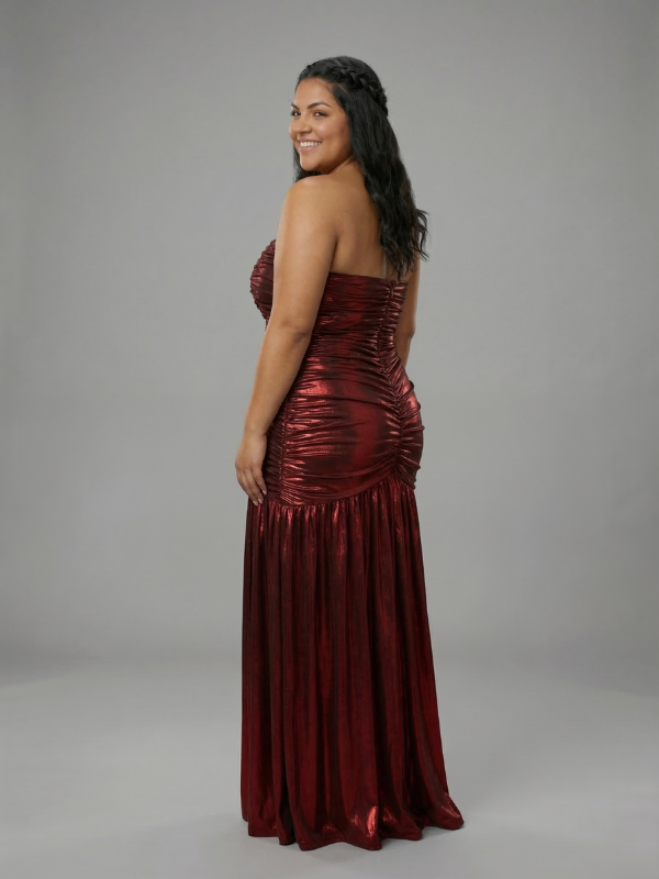 Burgundy Metallic Ruched Prom Dress | Strapless Slit Gown  SposaDresses