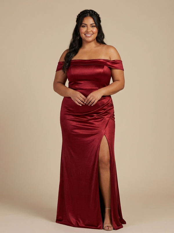 Burgundy Satin Off Shoulder Side Slit Mermaid Prom Dress, 26019