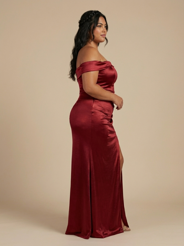 Burgundy Satin Off Shoulder Side Slit Mermaid Prom Dress, 26019