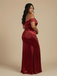 Burgundy Satin Off Shoulder Side Slit Mermaid Prom Dress, 26019