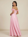 Pink Satin Off Shoulder 3D Floral A Line Prom Dress, 26018