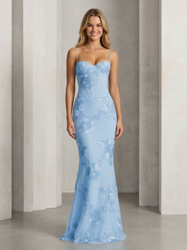 Sweetheart Sheath Embroidered Tulle Prom Dress with Spaghetti Straps, 26021