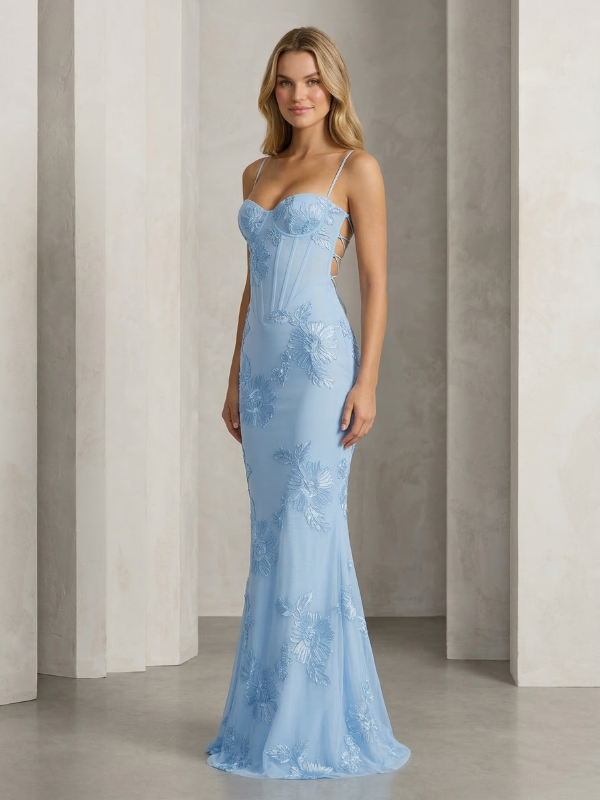 Sweetheart Sheath Embroidered Tulle Prom Dress with Spaghetti Straps, 26021