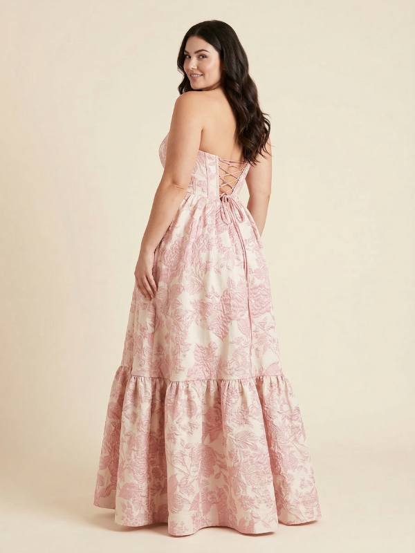 Floral Jacquard Strapless Sweetheart Sheer Corset A Line Prom Dress, 26020