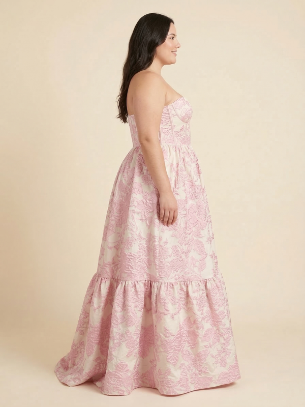 Floral Jacquard Strapless Sweetheart Sheer Corset A Line Prom Dress, 26020