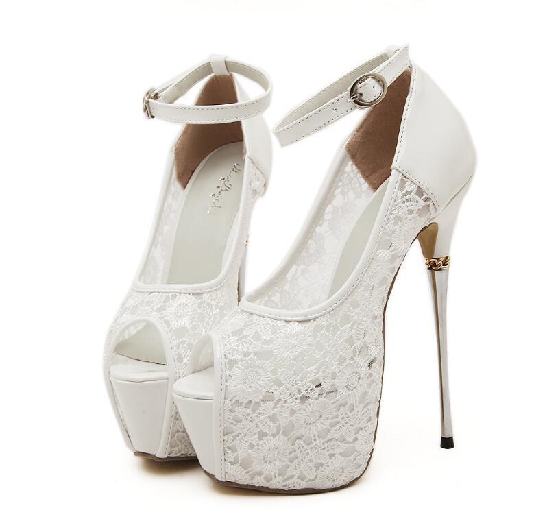 Super High Heels Fish Toe White Black Lace Sexy Wedding Bridal Shoes, S036