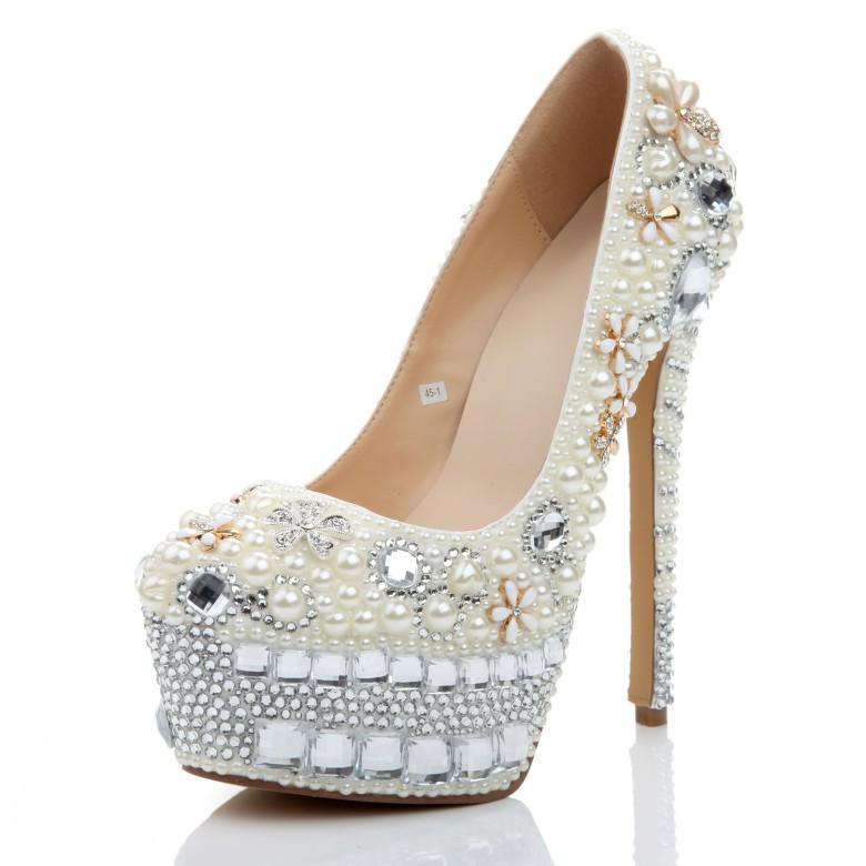 Super High Heels Handmade Pearls Rhinestone Pointed Toe Crystal Wedding Shoes, S032