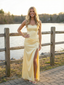Iconic Butter Yellow Satin Prom Dress Lace Trim Corset Gown with Slit, 26007