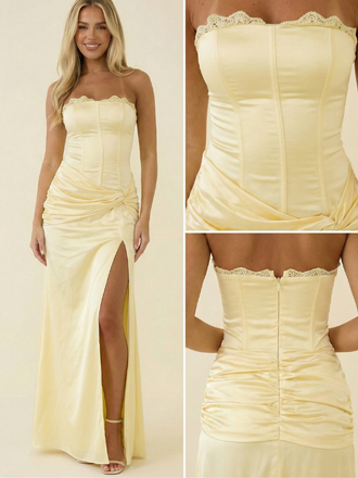 Iconic Butter Yellow Satin Prom Dress, Lace Trim Corset Gown with Slit, 26007