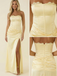 Iconic Butter Yellow Satin Prom Dress, Lace Trim Corset Gown with Slit, 26007