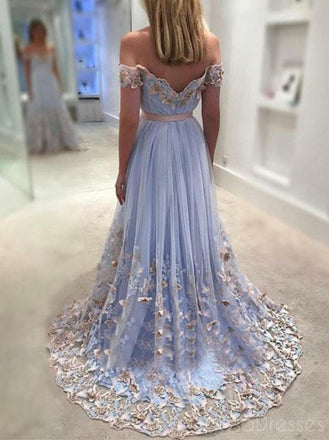 Tulle Off Shoulder A-line Blue Long Prom Dresses, Sweet 16 Prom Dresses, 12384
