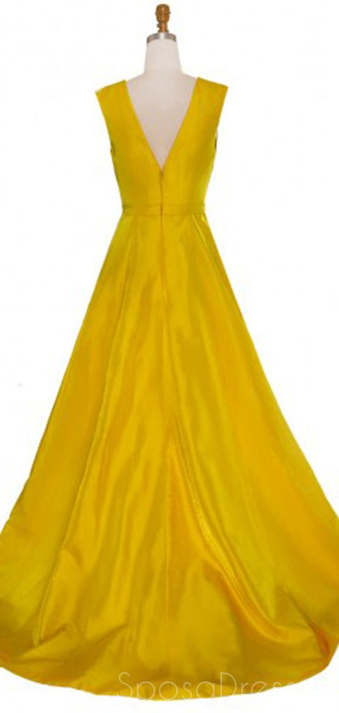 A-line Deep V Neck Sleeveless Long Prom Dresses, Sweet 16 Prom Dresses, 12388