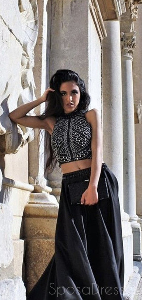 Black Two Pieces Sleeveless Halter Long Prom Dresses, Sweet 16 Prom Dresses, 12393