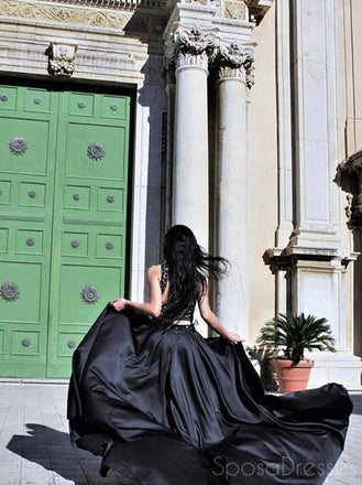 Black Two Pieces Sleeveless Halter Long Prom Dresses, Sweet 16 Prom Dresses, 12393