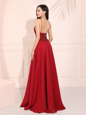 Red Applique Side Slit Sleeveless Long Prom Dresses, Sweet 16 Prom Dresses, 12396